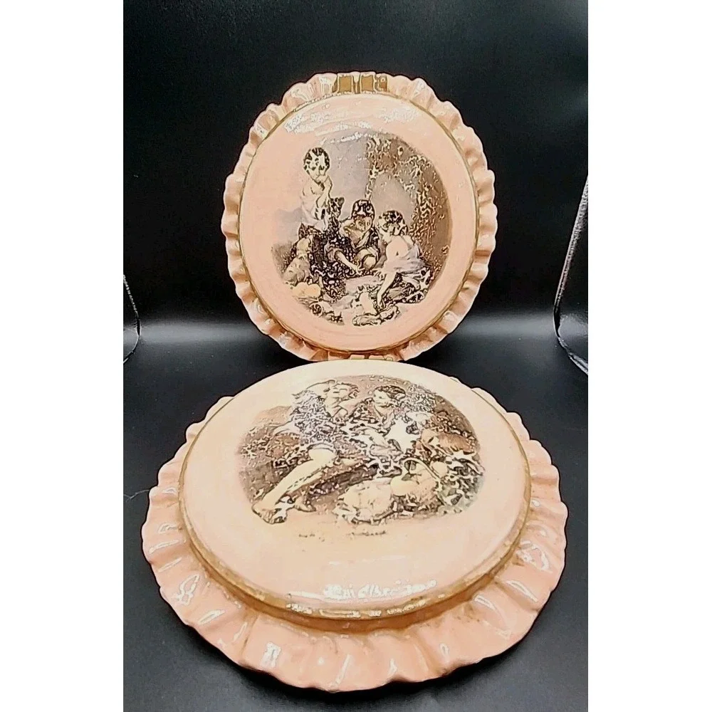 Set Of Two‎ Vintage Glazed Cermaic Hot Pads/ Wall Hangings W/ Victorian Scene